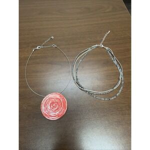 2 Statement Necklaces Moxxie Red Spiral Pendant & Multi Strand Silver Beaded